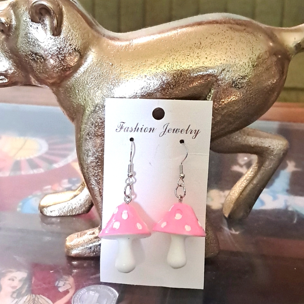 Magical Kawaii Cottage Core Pink Mushroom French Hook Earrings